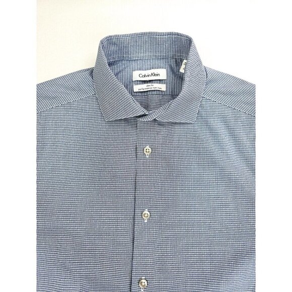 Calvin Klein Slim Fit Size 15 32-33 Blue White Check Performance Non Iron Shirt - Picture 1 of 12